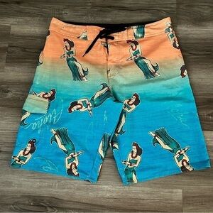 Hang Ten Orange Blue Ombré Hawaiian Dancer Print Swim Trunks Men Size 32